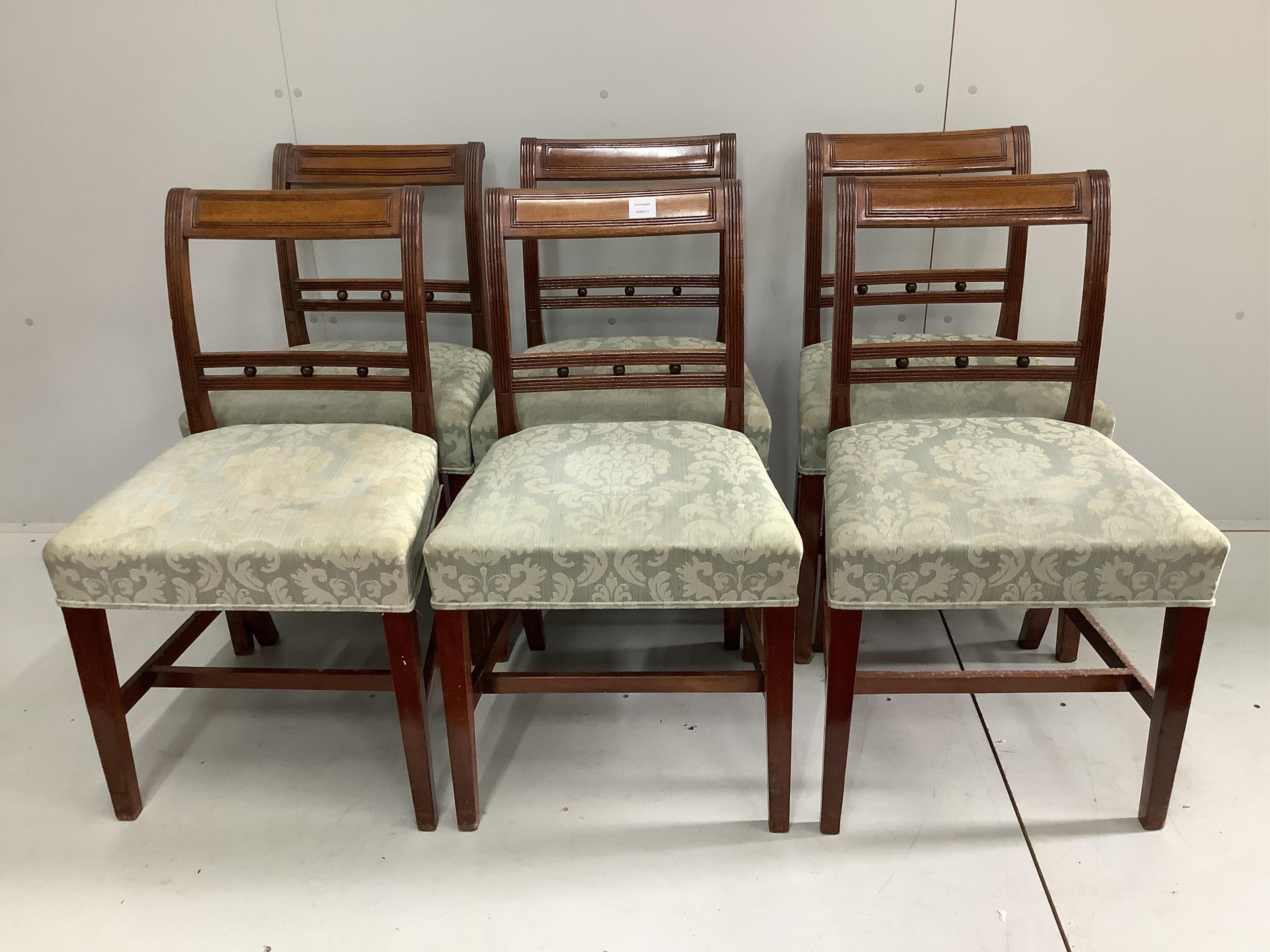 A set of six George III mahogany dining chairs, width 49cm, height 85cm. Condition - fair